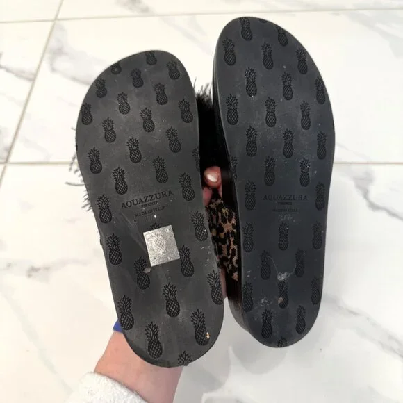 Aquazzura Boudoir Feather-Trimmed Black Animal Print Thong Sandals 7.5 - Picture 6 of 11